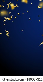 Streamers and confetti. Gold streamers tinsel and foil ribbons. Confetti falling rain on dark blue background. Beautiful party overlay template. Sublime celebration concept.