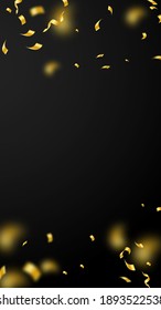 Streamers and confetti. Gold streamers tinsel and foil ribbons. Confetti falling rain on black background. Bewitching party overlay template. Attractive celebration concept.