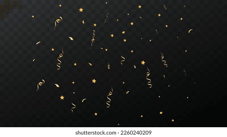 Streamers and confetti. Gold tinsel and foil ribbons. Confetti on transparent background. Bewitching festive overlay template. Vertical vector background.