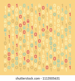 Streaming abstract binary code background with padlock. Data and technology, decryption and encryption. Coding or Hacker concept.