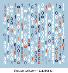 Streaming abstract binary code background with padlock. Data and technology, decryption and encryption. Coding or Hacker concept.