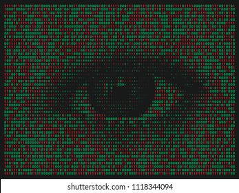 Streaming abstract binary code background with eye. Data and technology, decryption and encryption. Spy or Hacker concept.