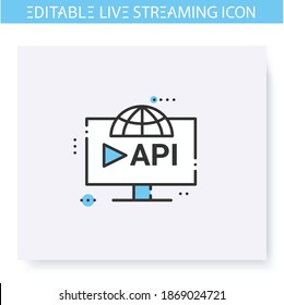 Icono de línea de API de streaming. Interfaz de transmisión de vídeo en línea. Blogueo y transmisión. Transmisión por Internet, contenido, video comercial. Ilustración vectorial aislada. Trazo editable 