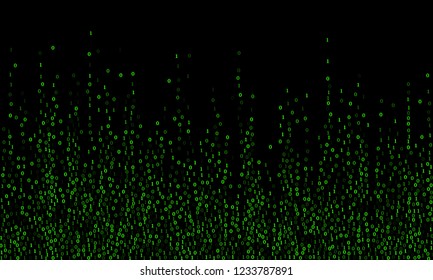 Streaming binary code cyber background. Hacker coding concept, row matrix vector. Data technology computer backdrop. Binary numbers 1, 0. Zero, one numbers cyber monday sale background.