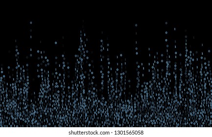 Streaming binary code cyber background. Big data concept, neon row matrix vector. Data technology computer backdrop. Binary numbers 1, 0. Zero, one numbers cyber monday sale background.