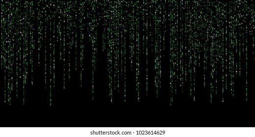 Streaming binary code digital background. Zero, one numbers. Data technology, information decryption and encryption computer wallpaper. Binary numbers 1, 0. Big data concept, jade row matrix vector.