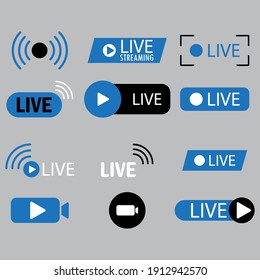 Streaming blue icon. Flat template with live stream icons. Internet broadcast. Live webinar button. Stock image. EPS 10.