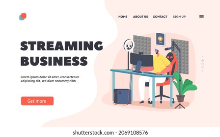 Streaming Business Landing Page Template. Male Character Wear Headset Sitting at Professional Desktop. Gamer Playing Computer Games, Cyber Sport Technologies, Tournament. Cartoon Vector Illustration