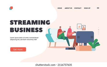 Streaming Business Landing Page Template. Family Entertainment. Happy Boy and Grandmother Characters Playing Video Game at Home, Old Woman and Grandson Playing Game. Cartoon People Vector Illustration
