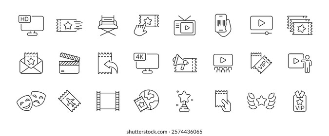 Streaming and cinema icons collection: tv, mobile, tickets, clapperboard, masks. Vector icon