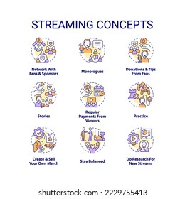 Streaming concept icons set. Live video. Esports broadcasting. Online streamer idea thin line color illustrations. Isolated symbols. Editable stroke. Roboto-Medium, Myriad Pro-Bold fonts used