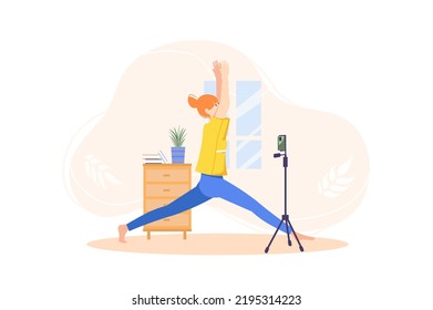 Streaming concept with people scene in the flat cartoon design. Blogger live shows physical exercises to improve the figure. Vector illustration.