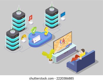 Streaming content subscription as business model vector. Customer using premium service with different content isometric 3d illustration. Cloud computing technology and social issues