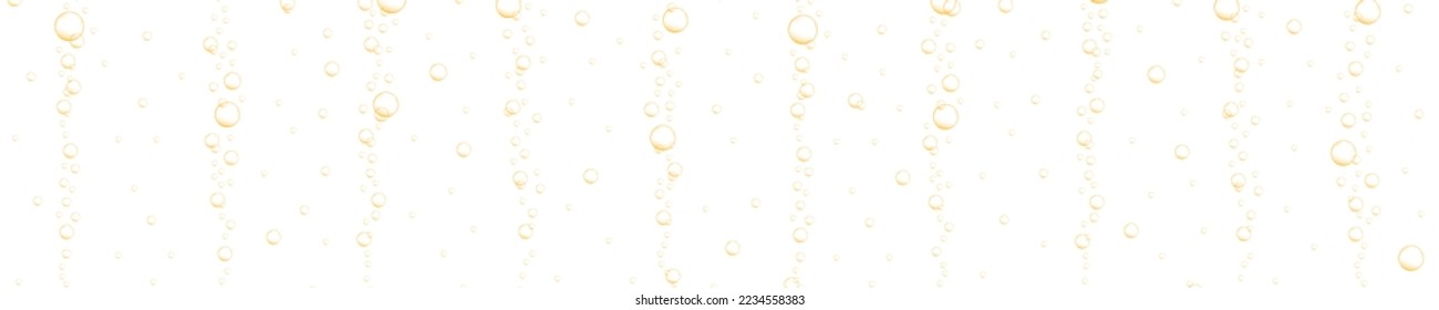 Streaming gold bubbles on white background. Carbonated water texture. Sparkling fizzy drink, beer, soda, cola, lemonade, champagne, seltzer pattern. Vector realistic illustration