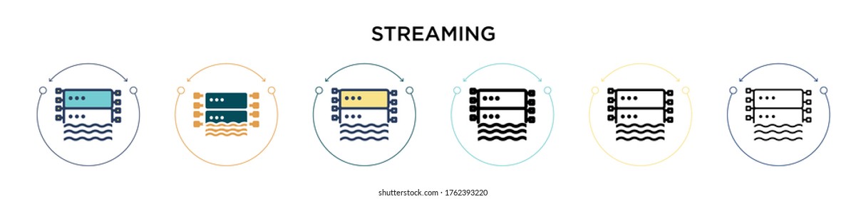 Streaming icon in filled, thin line, outline and stroke style. Vector illustration of two colored and black streaming vector icons designs can be used for mobile, ui, web