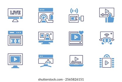 Streaming icon set. Bold line style. Duotone colors. Editable stroke. streaming, video, player, tv, live, videostreaming, livestreaming, follow, video.