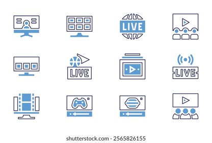 Streaming icon set. Bold line style. Duotone colors. Editable stroke. meeting, live, livestreaming, stream, soccer, chapter, elearning, news, food.