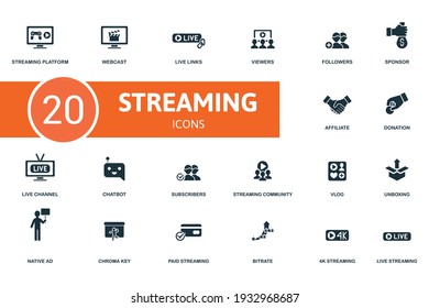 Juego de iconos de streaming. Contiene iconos editables que transmiten temas como webcast, visores, patrocinador y más.