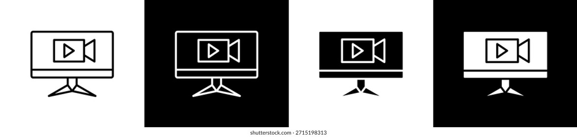 Conjunto de iconos de transmisión en línea y estilo de glifo sobre fondo blanco y negro