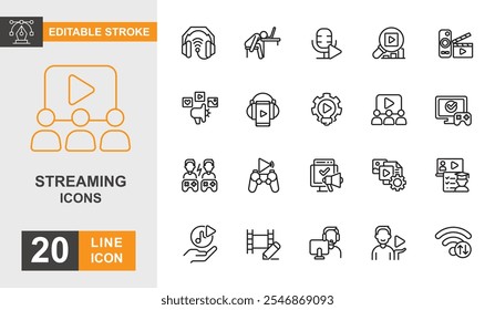 Streaming icon set. Video, player, application, button, film and more line icon. Editable stroke icon.