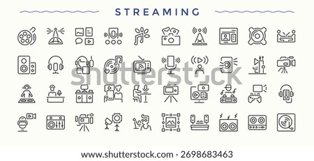 Streaming icon set. Video icon set. Trendy minimal icons. Contains such icons as podcast, live, video, media and more. Editable vector art.