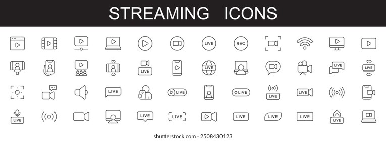 Streaming-Symbole . editierbare Strichlinien-Symbole, Vektorgrafik auf weißem Hintergrund mit Symbolen für Sendung, Online-Besprechung, Podcast, Kamera, Internetkonferenz, Chat, Webinar,