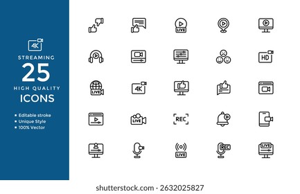 Streaming Icons – Conjunto de Vector Video de contorno de medios, transmisión, Live, TV y símbolos de Noticias