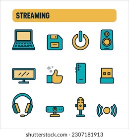 Streaming icons. Streamer gamer vector set. Color icon design.