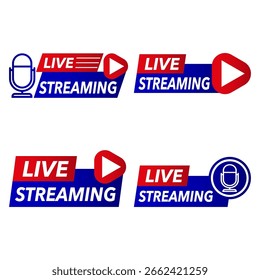 Streaming label icon. Live broadcast vector. Red blue text. Podcast mic symbol. EPS 10.