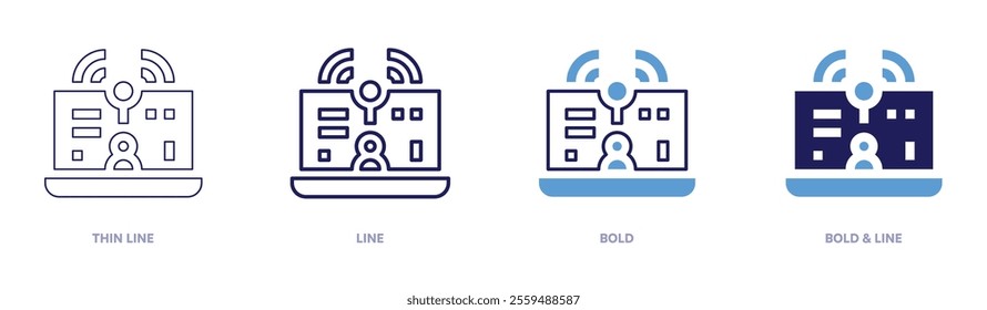 Streaming laptop icon in 4 different styles. Thin Line, Line, Bold, and Bold Line. Duotone style. Editable stroke.