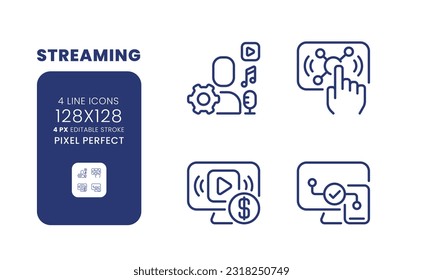 Streaming linear desktop icons set. Live interactive content. Digital marketing. Smart TV. Pixel perfect 128x128, outline 4px. Isolated user interface elements pack for website. Editable stroke