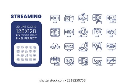 Streaming linear desktop icons set. Live video. Digital content. Broadcasting technology. Pixel perfect 128x128, outline 4px. Isolated user interface elements pack for website. Editable stroke