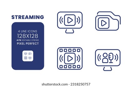 Streaming linear desktop icons set. Media content. Live tv. Online broadcasting platform. Pixel perfect 128x128, outline 4px. Isolated user interface elements pack for website. Editable stroke