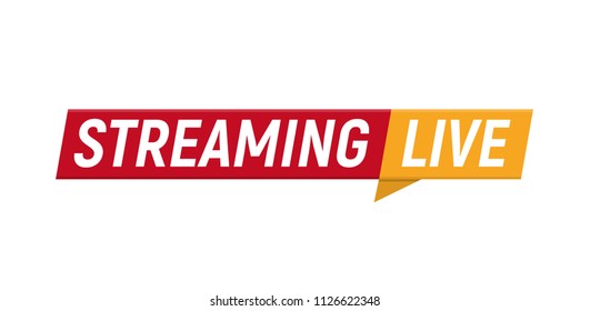 Streaming live logo, online video stream icon, digital internet TV banner design, broadcast button, play media content button, vector illustration on white background