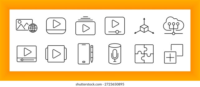 Streaming and media control set icon. Play button, media slider, image with globe, cloud sync, 3D cube, pen tablet, mic, puzzle piece, square add, and multiple screens outlined.