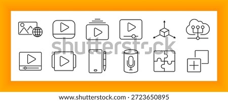 Streaming and media control set icon. Play button, media slider, image with globe, cloud sync, 3D cube, pen tablet, mic, puzzle piece, square add, and multiple screens outlined.