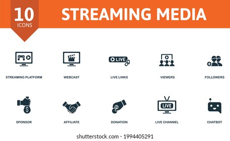 Streaming Media icon set. Contains editable icons streaming theme such as steaming platform, live links, followers and more.