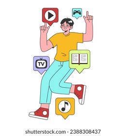 Streaming media service. Online platforms subscription. Smart TV, computer or phone screens with educational, entertaining and news content. Flat vector illustration
