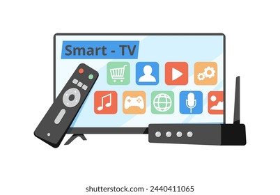 Streaming media service. Online platforms subscription. Smart TV, computer or phone screens with educational, entertaining and news content. Flat vector illustration