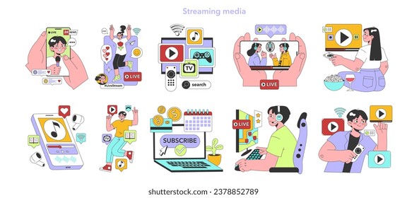 Conjunto de servicios multimedia de streaming. Suscripción a plataformas en línea. Televisión inteligente, pantallas de ordenador o de teléfono con contenido educativo, entretenido y de noticias. Ilustración vectorial plana