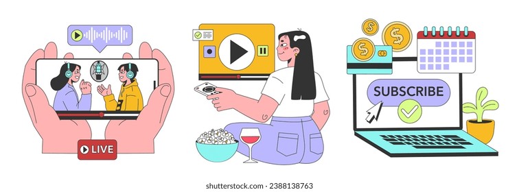 Conjunto de servicios multimedia de streaming. Suscripción a plataformas en línea. Televisión inteligente, pantallas de ordenador o de teléfono con contenido educativo, entretenido y de noticias. Ilustración vectorial plana