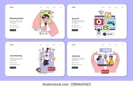 Streaming media service web banner or landing page set. Online platforms subscription. Smart TV, computer or phone screens with educational, entertaining and news content. Flat vector illustration