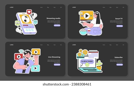 Streaming media service web banner or landing page night or dark mode set. Online platforms subscription. Educational, entertaining and news content. Flat vector illustration