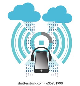 Streaming method with smart phone and headphone as media player. Vector Illustration.