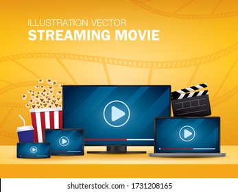 Streaming Film Illustrationsvektor. Geräte zum Anschauen von Online-Filmen.