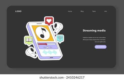 Streaming music service night or dark mode web banner or landing page. Smartphone and headphones. Listening to music or podcast with online broadcast service. Flat vector illustration