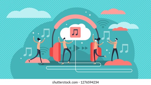 Streaming music vector illustration. Flat tiny persons concept with headphones. Online broadcast service system for song listening without download. Online media playback using wireless cloud content.