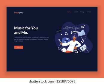 Streaming music vector illustration. Flat tiny persons concept with headphones. Online broadcast service. Online media playback using wireless cloud content. website template illustration