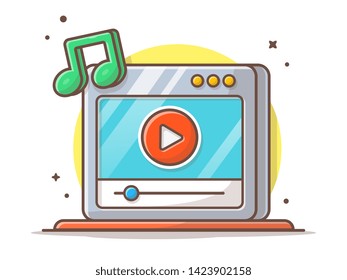 Streaming Music Video with Play Button and Note of Music Vector Illustration. Onilne Streaming. Flat Cartoon Style Suitable for Web Landing Page,  Banner, Flyer, Sticker, Wallpaper, Card, Background
