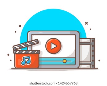 Streaming Music Video with Play Button and Note of Music Vector Illustration. Onilne Streaming. Flat Cartoon Style Suitable for Web Landing Page,  Banner, Flyer, Sticker, Wallpaper, Card, Background